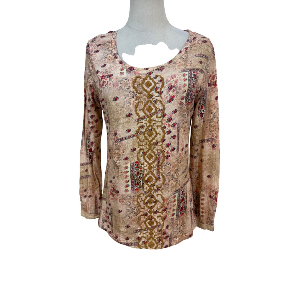 Sundance jersey Knit Tee Womensโ Small Tan Embroidered Long Sleeve Boho Top